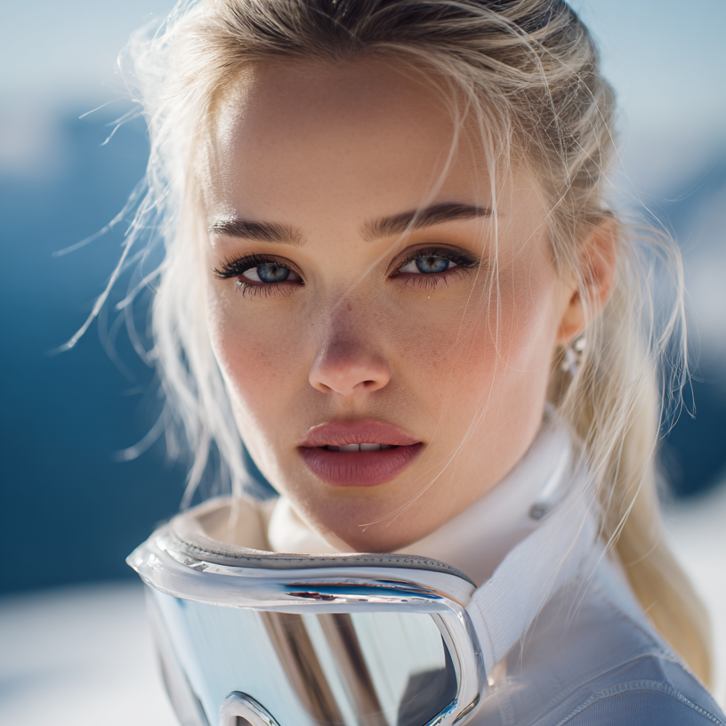 Verkaufsvideos / Erklärvideos – blonde Avatarfigur mit Ski-Brille KI-Avatar für Verkaufsvideos, Erklärvideos und Social Media Content im Performance-Marketing