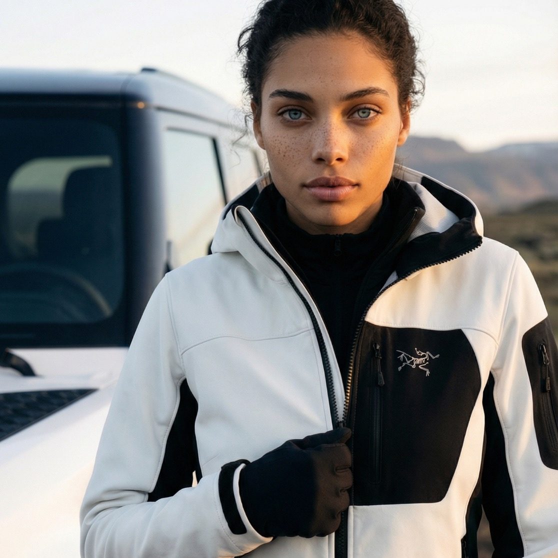 AI Influencer Individueller KI-Avatar für Branding, Social Media Content und digitales Marketing vor Fahrzeugkulisse