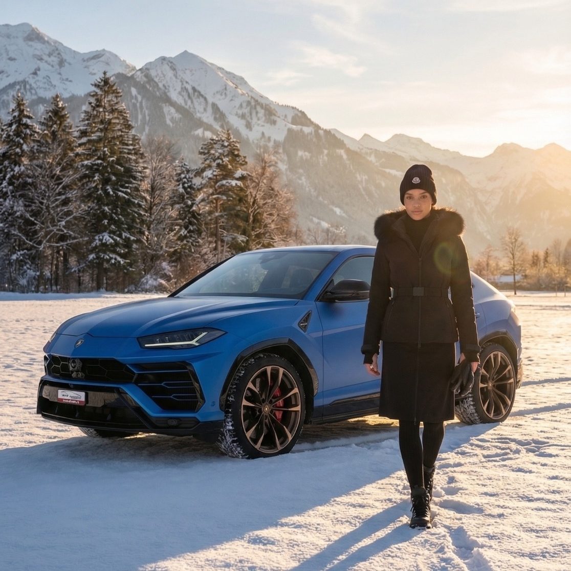 Avatar-Konzeption – Model mit Auto im Schnee Avatar-Konzeption für Lifestyle-Marketing, Social Media Branding und visuelle Markenpositionierung